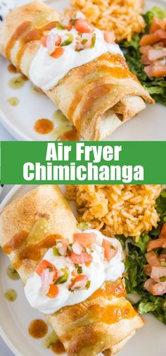 air fryer chimichanga on a plate with rice and vegetables