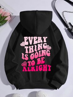 Black Casual Collar Long Sleeve Knitted Fabric Slogan Pullovers Embellished Slight Stretch Spring/Fall Women Sweatshirts Hoddies Outfits, Creative Clothes, Thermal Hoodie, Women Sweatshirts, Casual Wear Women, Casual Sportswear, Cool Hoodies, Casual Black, Casual Pullover