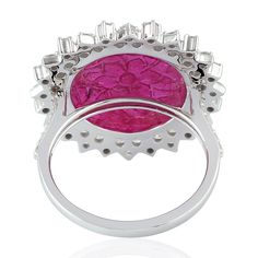 Exuding timeless beauty, this cocktail ring boasts intricate craftsmanship in 18K white gold, adorned with natural diamonds and carving rubies. Resembling a blooming flower, its delicate design evokes elegance and sophistication. A symbol of refined luxury, this ring adds a touch of grace and allure to any ensemble. This Ring is Made In 18k white gold: 4. 884 grams with diamonds: 1. 14 cts and Ruby: 3. 15cts(ING-9070)  This jewelry is made by hand featuring detailed workmanship. Be careful to avoid dropping or banging as physical impacts can result in damage to the pieces including stones falling off. To care for your or jewelry, take caution to keep away from harsh chemicals, Perfume, and Water. You may wipe with a clean polishing cloth to maintain a beautiful shine. Keep in mind that ext Luxury Platinum Ruby Ring, Luxury Pink Sapphire Rings With Single Cut Diamonds, Luxury Ruby Diamond Ring With Rose Cut Diamonds, Luxury Silver Ruby Ring With Single Cut Diamonds, Luxury Pink Sapphire Ruby Ring, Luxury Platinum Ruby Wedding Ring, Diamond Cocktail Rings, Delicate Design, Ruby Ring