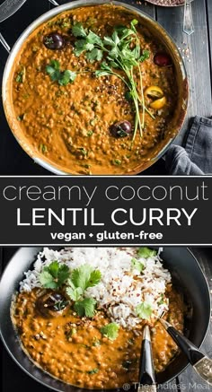 creamy coconut lentil curry in a pan with rice and garnish on the side