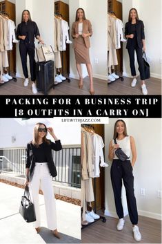 I've received some requests to share ideas on what to pack for a business trip...so today I'm sharing 8 outfit ideas I would pack for a work trip. And the best part? They all fit in a carry-on! Professional Athleisure Outfits Summer, Travel Workwear Summer, Client Visit Outfit, Sales Meeting Outfit, Office Event Outfit, India Travel Outfit, Capsule Workwear, Travel Outfits Women