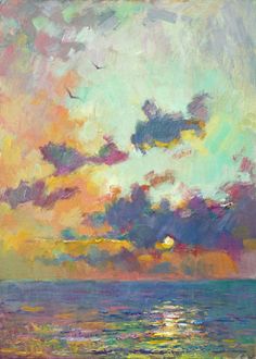 an oil painting of clouds over the ocean