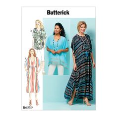 two women's dresses and one woman's top sewing pattern from butterick