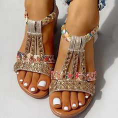 Category:Sandals; Upper Materials:PU Leather,Polyester; Embellishment:Sparkling Glitter; Season:Summer; Heel Type:Wedge Heel; Gender:Women's; Style:Casual,Sweet,Elegant; Heel Height(inch):<1; Outsole Materials:Non-Slip Tread,Rubber; Occasion:Daily,Beach,Party; Closure Type:Elastic Band; Pattern:Color Block; Listing Date:08/23/2022; Production mode:External procurement; 2024 Trends:Boho Beach,Wedge Sandals; Foot Length:; Foot Width:; Size chart date source:Provided by Supplier.; US Size:null; UK Size:14.5; EU Size:50 Beach Wedges, Sparkly Sandals, Bohemian Sandals, Orthopedic Sandals, Platform Wedges Shoes, Casual High Heels, Crystal Sandals, Boho Sandals, Womens Sandals Summer