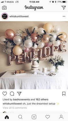 an instagram page with balloons and flowers on the table, including a cake in front of it