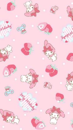 a pink wallpaper with hello kitty and strawberrys