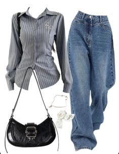 OOTD: Long Sleeve Shirt + High Rise Boyfriend Jeans + Leather Shoulder Bag Cute Long Sleeve Shirts Outfits, Kpop Trainee Outfit, Back To School Outfits 8th Grade, Outfit Inspo With Jeans, Long Sleeve Summer Outfits, Mid Rise Jeans Outfit, High Rise Jeans Outfit, Classic Fits, One Shoulder Shirt