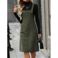 -Item Id 44181402 -Details: Button, Pocket -Neckline: Straps -Style: Casual -Type: Pinafore -Waist Line: Natural -Hem Shaped: Straight -Color: Army Green -Pattern Type: Plain -Sleeve Length: Sleeveless -Fit Type: Regular Fit -Length: Knee Length -Material: Corduroy -Composition: 100% Polyester -Care Instructions: Machine Wash Or Professional Dry Clean -Sheer: No -Fabric: Non-Stretch **Open To Offers!!!** **Bundle To Save More** **30% Off Bundles Of 2 Or More Items!!** ***Orders Go Out Within 5-1 Green Work Dress, Dress Without Sleeves, Coverup Skirt, Women Midi, Classy Chic, Chunky Knits Sweater, Green Pattern, Inspiration Mode, Chic Boutique