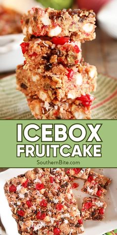 icebox fruitcake is stacked on top of each other with the title above it