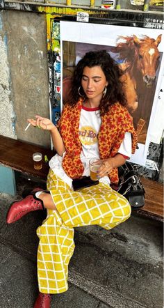 Festival Colorful Outfit, South American Style Fashion, Yellow Checkered Pants Outfit, Casual Set Outfit, Clothing For Pale Skin, 1970s Everyday Fashion, Pattern Mixing Outfits Street Style, Summer Fashion Colorful, Sf Street Style