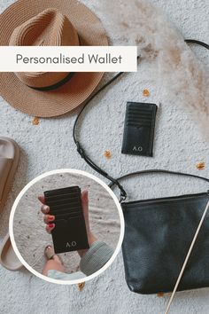 the personalised wallet is on display next to other accessories