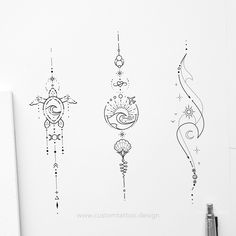 three different designs on a white wall next to a pen and ink drawing pencils