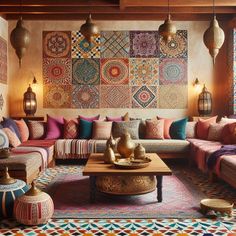 a living room filled with lots of colorful furniture and pillows on top of each other