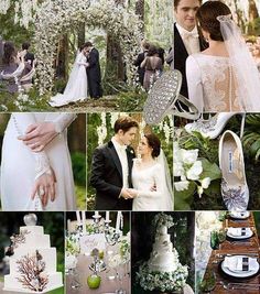 a collage of wedding pictures with white flowers and green trees in the back ground