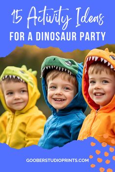 three young boys wearing dinosaur costumes with the words 15 activity ideas for a dinosaur party