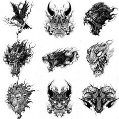 a bunch of tattoos that are drawn in pencil and ink with different designs on them