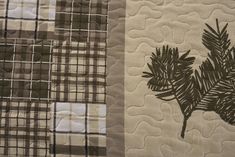 two quilts with different designs on them, one is brown and the other is white