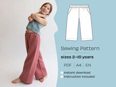 Do develop your new DIY project and feel the satisfaction of making things from the very beginning!  How about producing comfortable little pants for a girl? The team of LinenCloud invites you to study the schemes of the pants for girls which we call the Polly pants, and produce cool little trousers for the little Princess!  It's a quick and simple sewing project - do it yourself and begin developing your sewing skills step by step! SIZES: This PDF sewing pattern for the little pants is being designed for 8 sizes according the age of the child (3-10 years old). All the detailed measurements of the pants are being provided in the instructions file which you'll be able to download after the purchase. DIFFICULTY: We take the difficulty level of this project is 3 stars out of 5, so it is perfe Kids Pants Pattern, Trouser Pants Pattern, Trousers Pattern, Trouser Pattern, Trendy Girls Outfits, Pants Sewing, Simple Sewing, Sewing Patterns Girls, Pants Sewing Pattern