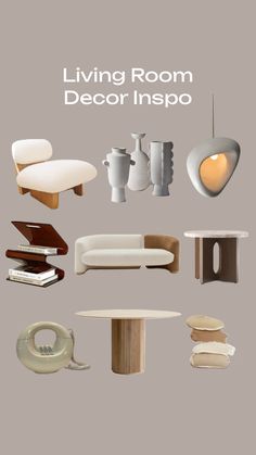 the living room decor infopo is shown in white and brown tones, with different types of furniture