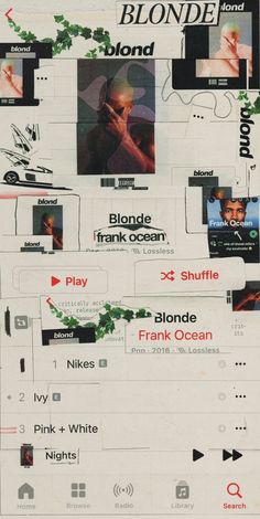 a poster with many different types of images on it, including the words blond and white