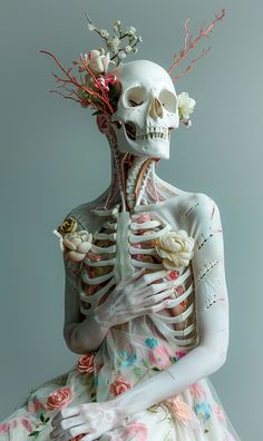 a skeleton sitting on top of a woman's body with flowers in her hair