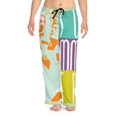 Original artwork to create these VERY comfy 100% polyester jersey knit fabric pants. These pants have a relaxed comfort fit with a back elastic, drawstring front tie.  Can kick back at home or why not wear to the beach or pool as a coverup over bathing suit- or just put on a T-shirt and run all your errands.  True to size.  All custom made to order.  Sizes: Medium -  $42.00 ;  Large- $49.00 ;  XLarge - 50.00;  and  2XL- $54.00 Any questions please email me. Fabric Pants, Womens Trousers, Pj Pants, Jersey Knit Fabric, Comfy Casual, Put On, Trousers Women, Knit Jersey, Bathing Suits