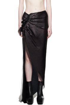 Black Edfu Maxi Skirt by Rick Owens on Sale Elegant Evening Skirt With Asymmetrical Hem, Silk Lined Draped Skirt, Fitted Draped Bottoms For Evening, Pre-draped Asymmetrical Skirt For Evening, Evening Asymmetrical Relaxed Skirt, Asymmetrical Evening Skirt With Relaxed Fit, Relaxed Asymmetrical Skirt For Evening, Formal Asymmetrical Silk Draped Skirt, Formal Silk Draped Asymmetrical Skirt