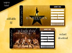 two tickets with an image of the cast of hamilton on them, one for each ticket