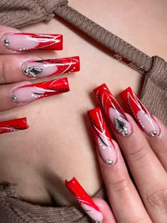 90s Red Nails Acrylic, 90s Nails Acrylic Design, Y2k Tapered Square Nails, 2000s Nails Acrylic Red, 90 Nail Designs, 90 S Nails, 90s Inspired Nails Acrylic, 90s Nail Art Black Women, 90s Style Nails Acrylic