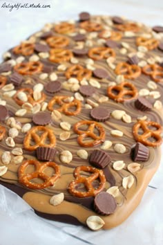 there is a chocolate cake with pretzels and nuts on it