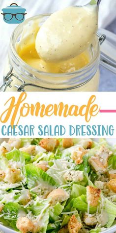 homemade caesar salad dressing recipe in a glass jar and on a tray with the title above it