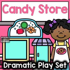 the candy store dramatic play set includes an ice cream machine and a girl with black hair