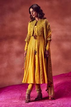 Shop for Punit Balana Yellow Chanderi Silk Embroidered Jacket And Anarkali Set for Women Online at Aza Fashions Punit Balana, Traditional Attires, Embroidered Anarkali, Beads Embroidery, Kurta Neck Design, Yellow Short, Jewelry Simple, Beaded Neckline, Gathered Sleeves