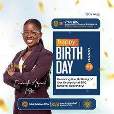 a woman with her arms crossed in front of a happy birthday card