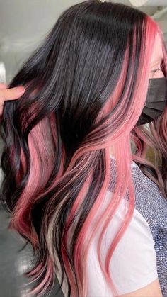 Peekaboo Hair Color Ideas, Peekaboo Hair Color, Underdye Hair, Pink Hair Streaks, Hidden Hair Color, Peekaboo Hair Colors, Pink And Black Hair, Pink Hair Dye, Hair Color Underneath