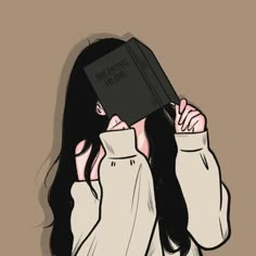 a drawing of a woman covering her face with a book in front of her head