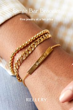 Your new wardrobe staple is here. Our bar and name bracelets are designed in such a way that you’ll never want to take it off. Women's bracelets 2020, Women's gold bracelets, Trendy gold bracelet, Gold bracelet for women, Casual Jewelry, Women's jewelry, Fashion Accessories, Wedding Bracelet, Sophisticated Style, Aesthetic gold jewelry! 
#bracelet #jewelry #jewelryfashion #rellery #womensjewelry #goldbracelet Gold Rectangular Chain Bracelet With Curb Chain, Gold Rectangular Curb Chain Bracelet, Classic Rectangular Name Bracelet, Tarnish Resistant, Trendy Personalized Gold Name Bracelet, Classic Yellow Gold Rectangular Name Bracelet, Classic Tarnish Resistant Name Bracelet, Rectangular Yellow Gold Name Bracelet, Customizable Gold Trendy Bracelets, Trendy Gold Name Bracelet For Personalized Gift