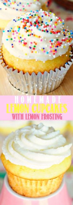 lemon cupcakes with white frosting and colorful sprinkles on top