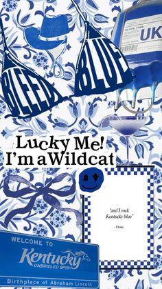 an advertisement for kentucky blue and white bikinis with the words lucky me i'm nawidacat