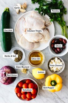 the ingredients for this recipe include chicken, tomatoes, cucumbers, onions, olives, garlic, and parsley