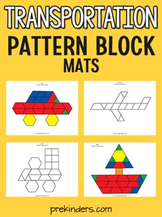 the pattern block mats for transportation is shown in four different colors and shapes, with text overlay