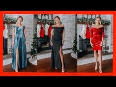 three photos of women in different dresses standing next to each other with stockings on the fireplace