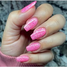 Glitter Pink Nail Designs, Neon Pink Sparkle Nails, Bright Pink Sparkle Nails, Pink Glittery Nails Sparkle, Barbie Pink Glitter Nails, Sparkly Glitter Nails, Pink Glitter Valentines Nails, Pink Sparkle Nails Short, Hot Pink Glitter Nails Acrylic