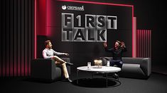 two men sitting on couches in front of a red and black wall with the words first talk