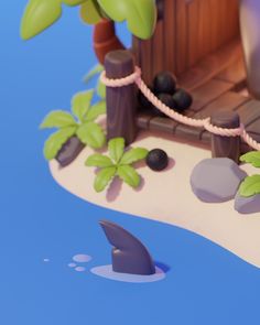 an animated scene of a house on the shore with plants and rocks in front of it