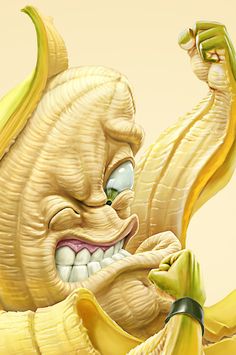 an image of a cartoon character eating a banana with the caption evil villain on it