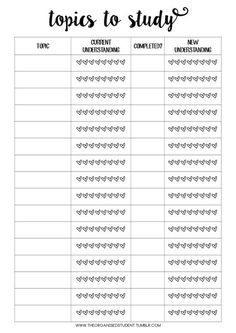 the printable worksheet for topics to study is shown in black and white