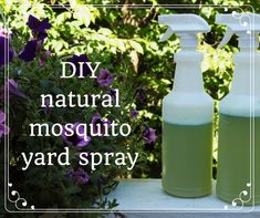 two spray bottles sitting on top of a table next to purple flowers and greenery