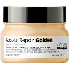 L'Oreal Professional Serie Expert Absolut Repair Gold Quinoia and Protein Masque
What It Is
Instant resurfacing masque
What It Does
Absolut Repair Lipidum Masque intensely hydrates, nourishes and softens hair. Lipidium Technology is ideal for very dry, damaged hair that needs instant shine, smoothness and softness. Lactic Acid, Phyto-Keratin & Ceramides deeply repair and strengthen hair, while lipids lock in essential nutrients.
What Else You Need to Know
• Lactic Acid: Reconstructs the cortex to revert hair into a healthy state.
• Phyto-Keratin + Ceramides: Restructure & reinforce intercellular cement to fill cuticle scales & reduce breakage.
• Lipids: Create insulating barrier to lock in essential nutrients. Mascara Loreal, Shampoo Loreal, Loreal Mascara, Ultra Beauty, Quinoa Protein, Repair Mask, Gold Mask, Soften Hair, Nourishing Shampoo