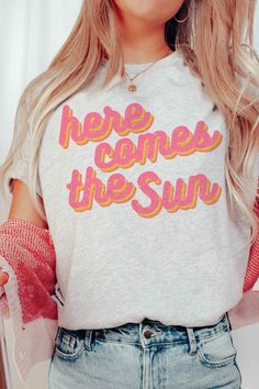 HERE COMES THE SUN GRAPHIC T-SHIRT** PLUS SIZE AVAILABLE: 10967X-TS-PLUS **- Premium 4.2 oz., 100% airlume combed and ringspun cotton- Retail fit- Unisex sizing- Shoulder taping- Sideseamed- Pre-shrunk* SUMMER, SUMMER TEE, SUMMER GRAPHIC, SUMMER OUTFIT, BEACH, OCEAN, SAND, SUN, SWIM, VACATION, TRAVEL, OUTDOOR, CAMPING Style: CASUAL Print / Pattern: HERE COMES THE SUN Silhouette: TEE Fit: UNISEX Neck Line: CREW Sleeve: SHORT Made In: USAFabric Contents: 100% COTTON Stretch fabric Non-sheer fabric Vibrant Graphic Design, Sun Silhouette, Summer Outfit Beach, Sun Graphic, Ocean Sand, Camping Style, Sweater Hat, Here Comes The Sun, Trendy Graphic Tees